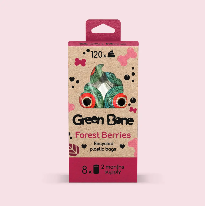 Recycled plastic dog waste bags "Green Bone Forest Berries" (forest berry scent)