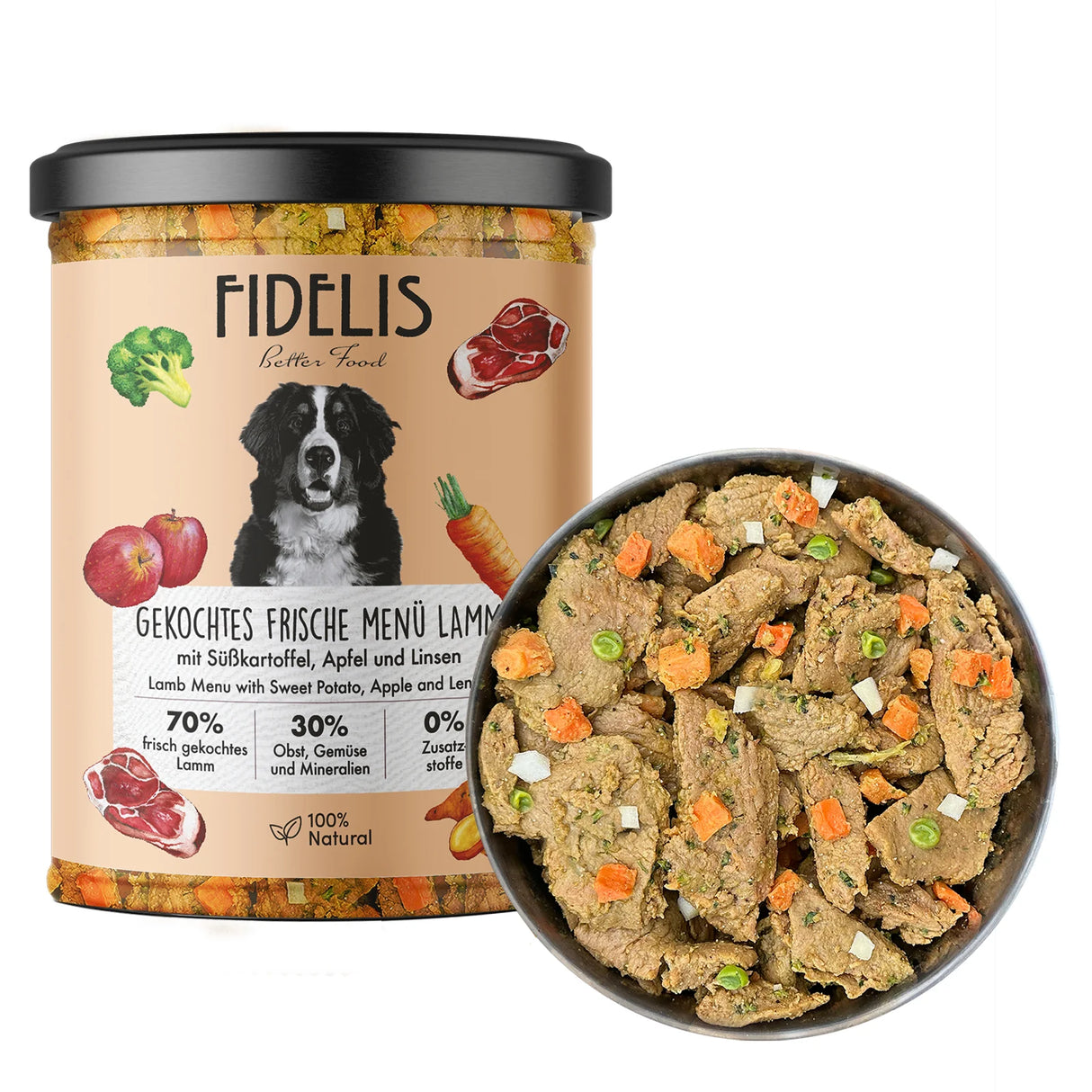Fidelis cooked fresh lamb with sweet potatoes, apples and kale