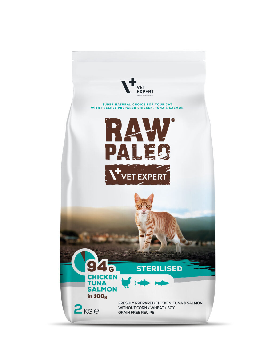 Raw Paleo dry food for cats with chicken, tuna and salmon