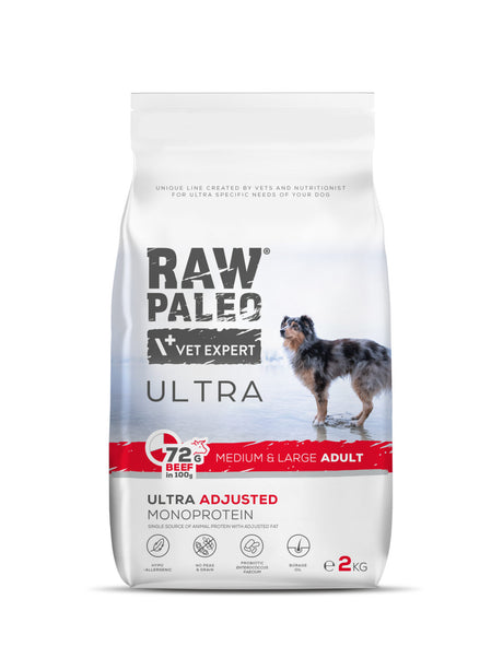 Raw Paleo Ultra dry food for medium and large breed dogs with beef