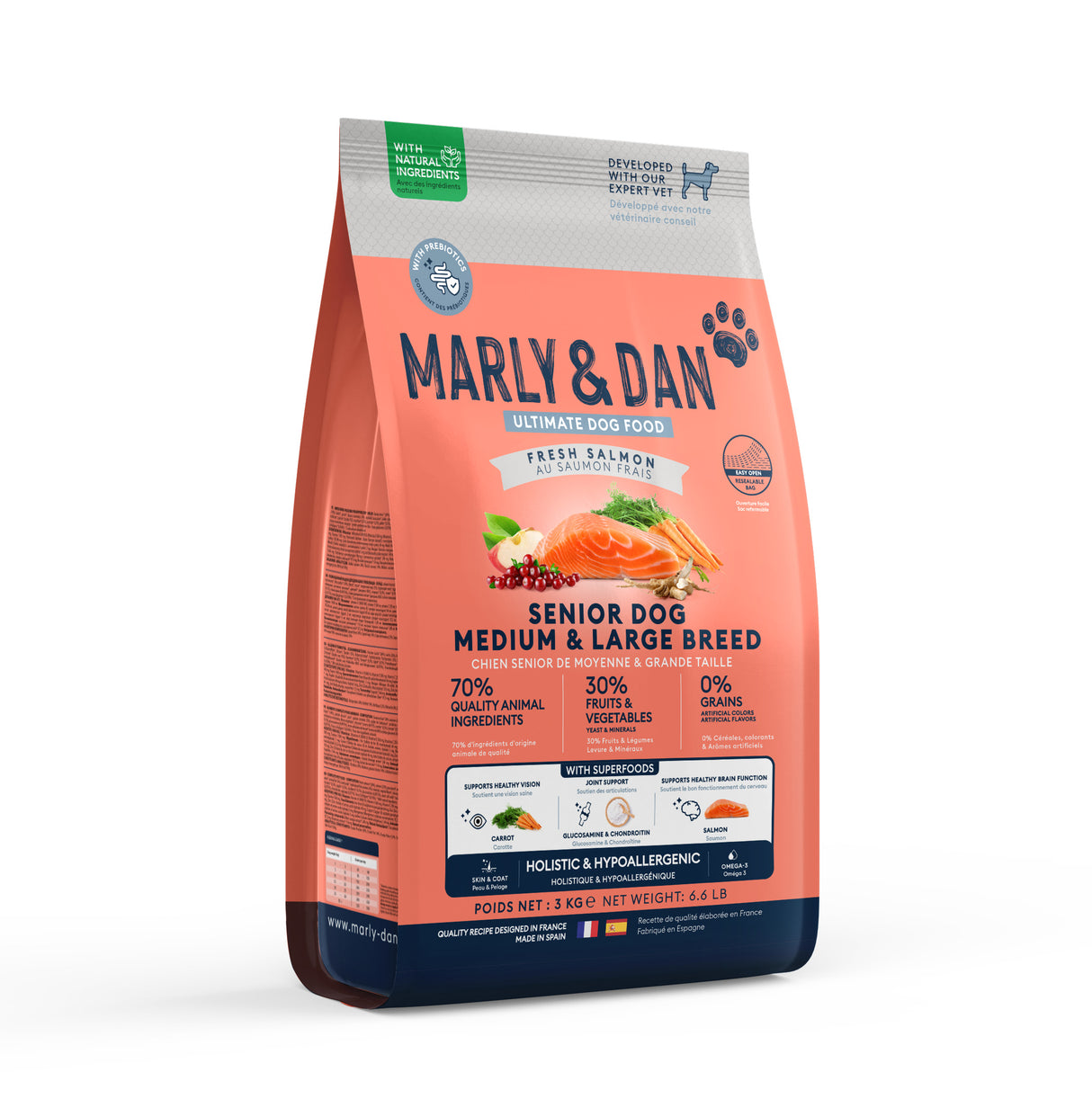 Marly &amp; Dan dry food for medium-large breed senior dogs with salmon