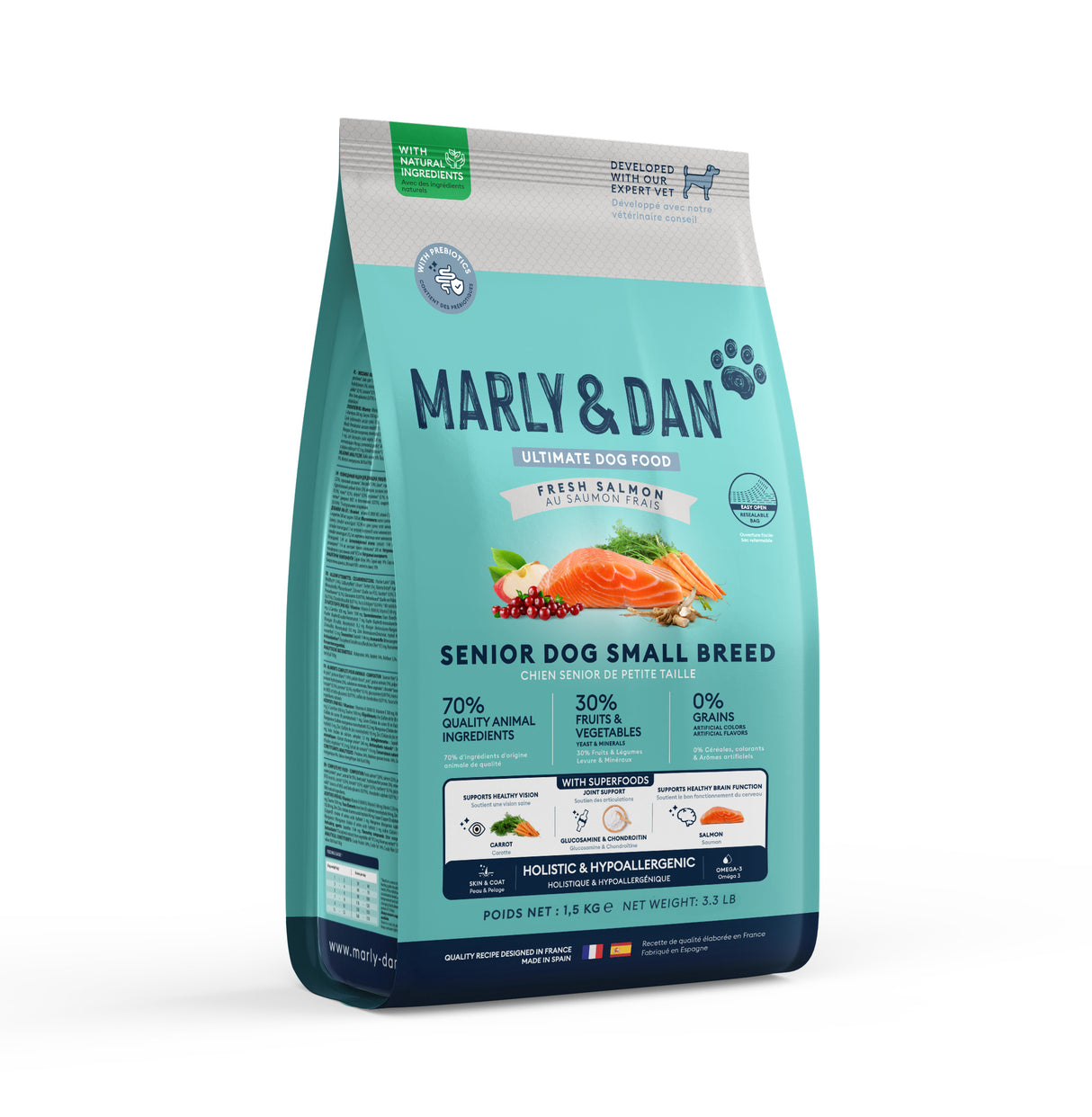 Marly &amp; Dan dry food for small breed senior dogs with salmon