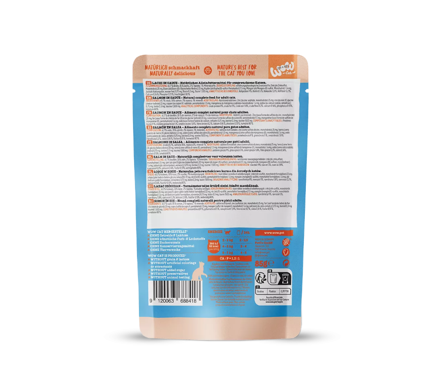 Wow Cat wet food for adult cats with salmon in sauce