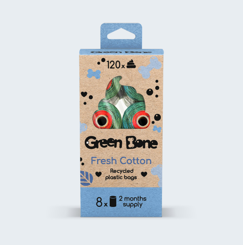 Recycled plastic dog waste bags "Green Bone Fresh Cotton" (cotton scent)