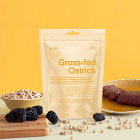 Pusiau drėgni skanėstai šunims su strutiena ir gervuogėmis Buddy Grass-Fed Ostrich